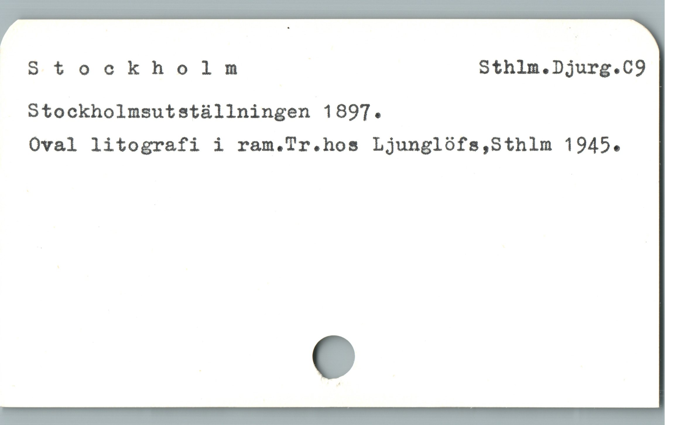  Stockholm Sthlm.Djurg.C9
Stockholmsutstállningen 189T7.
Oval litografi i ram.Tr.hos Ljunglóofs,Sthlm 1945.
