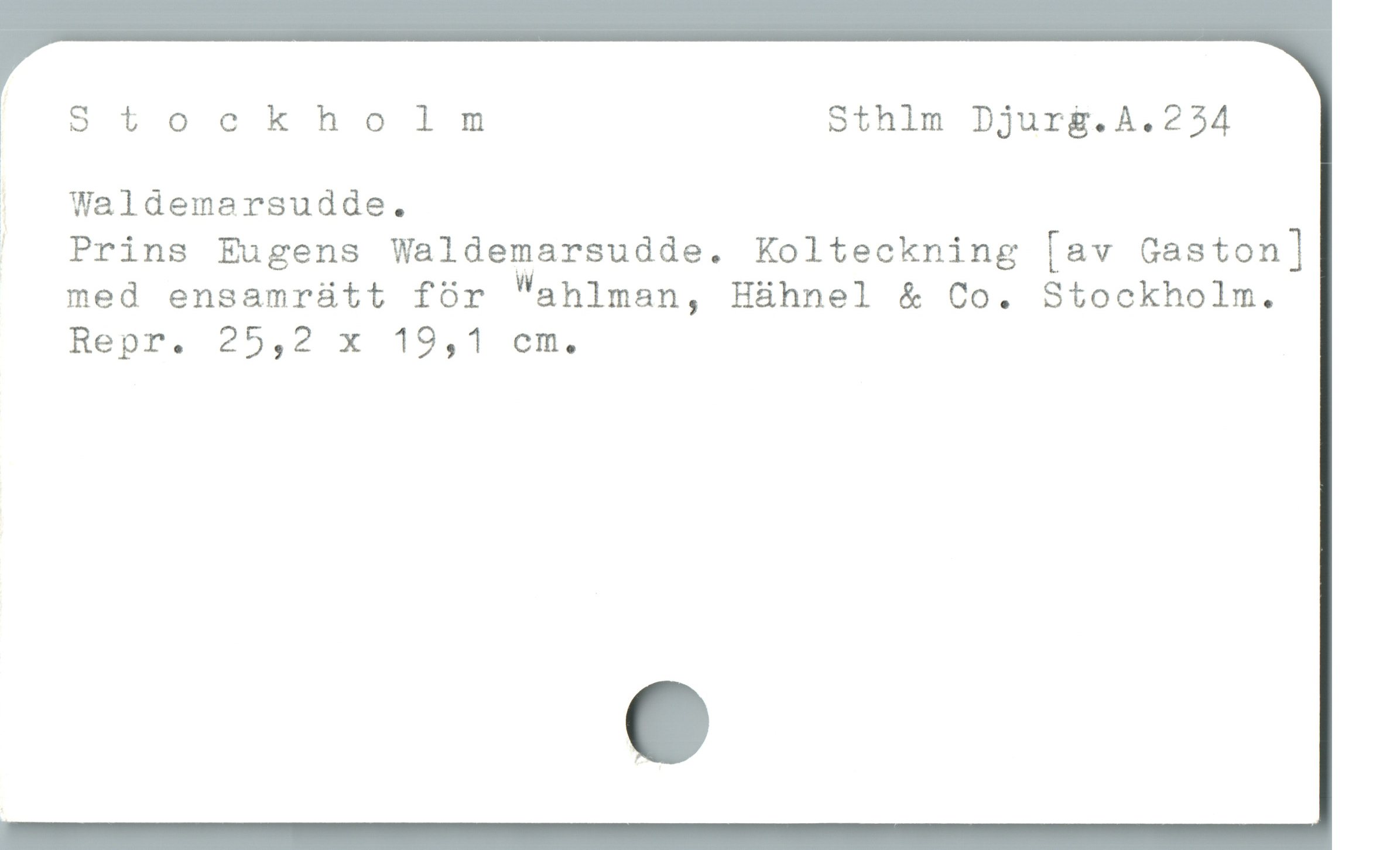  Stockholm Sthlm Djurg.A.254

| Waldemarsudde.

| Prins Eugens Waldemarsudde. Kolteckning [av Gaston]
med ensamrütt fór wahlman, H&àhnel & Co. Stockholm.
Repr. 25,2 x 19,1 cm.
